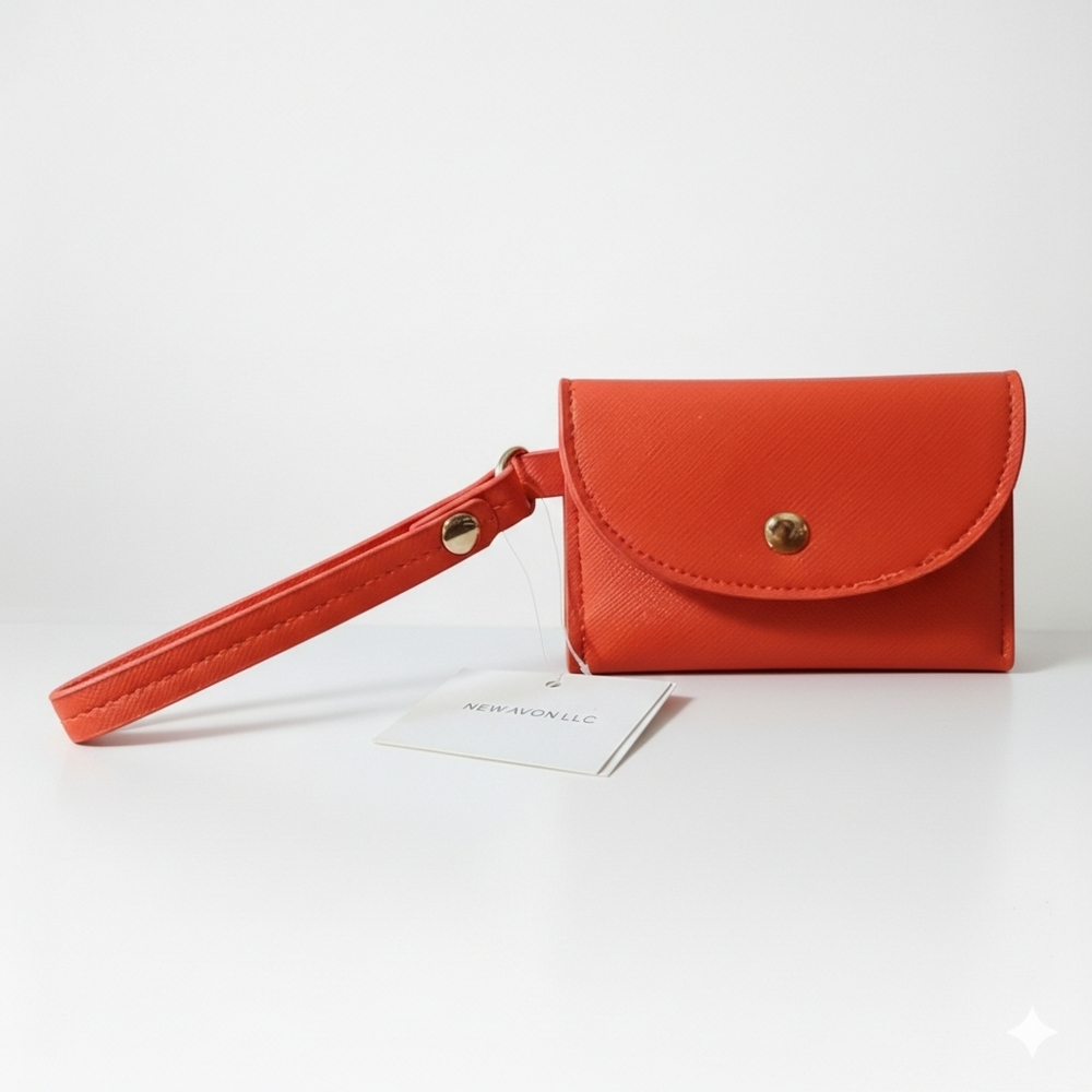 Avon NWT Wallet Orange Red Faux Saffiano Leather Card Holder Wristlet Snap ID